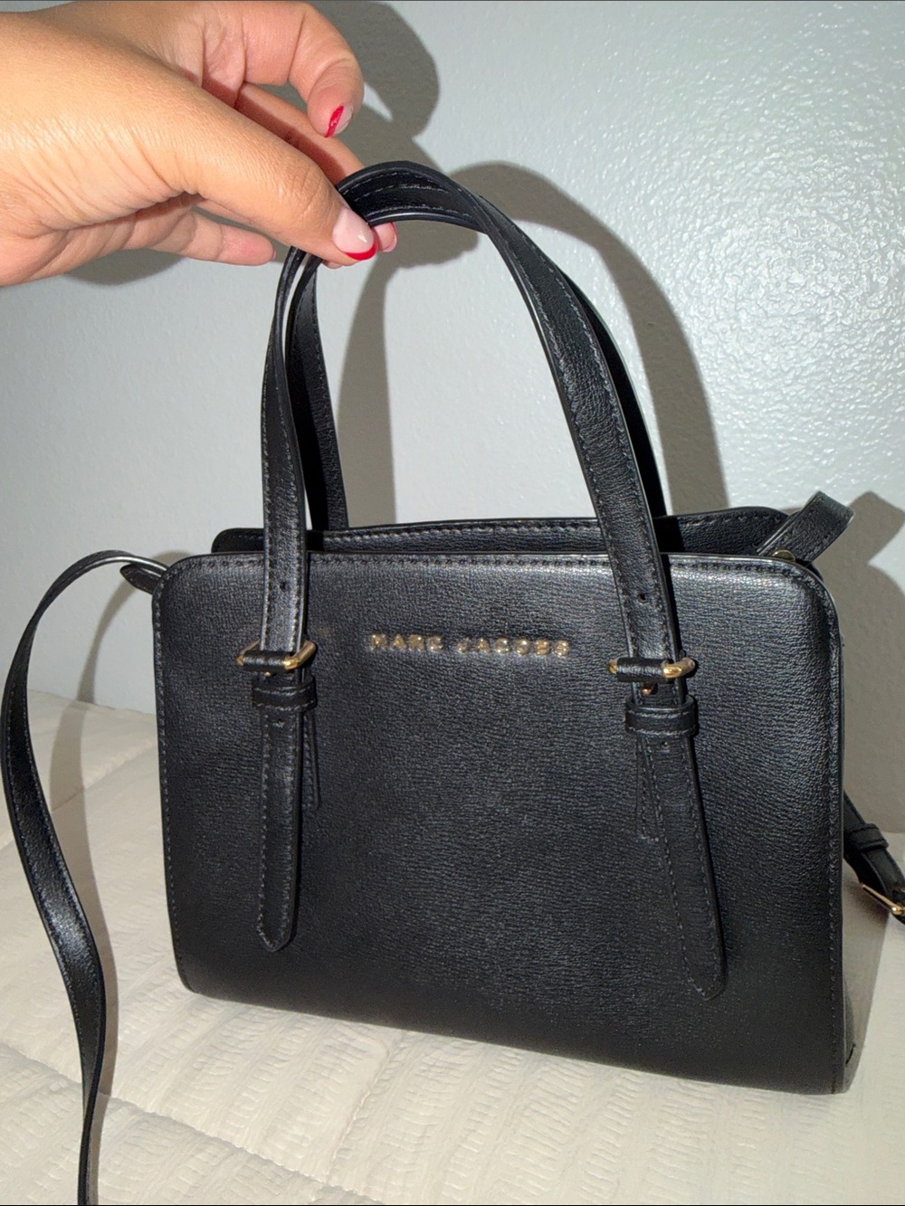 Marc Jacobs Black Leather Satchel with Gold-Tone Logo